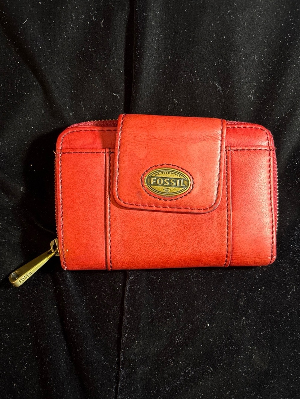 Fossil Red Leather Compact Fold Wallet with Gold Hardware